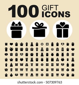 Gift vector icons. Decoration box with ribbon and bow for party. Present for holidays such as birthday, christmas, valentine.
