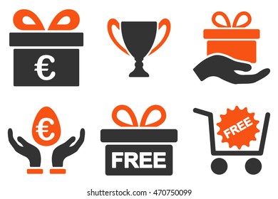 Gift vector icons. Pictogram style is bicolor orange and gray flat icons with rounded angles on a white background.