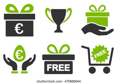 Gift vector icons. Pictogram style is bicolor eco green and gray flat icons with rounded angles on a white background.
