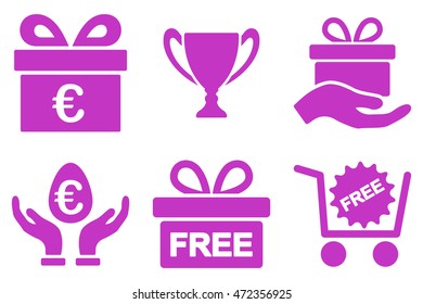 Gift vector icons. Pictogram style is violet flat icons with rounded angles on a white background.