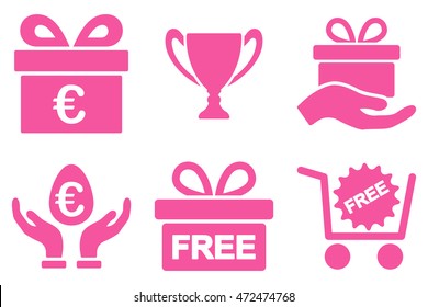 Gift vector icons. Pictogram style is pink flat icons with rounded angles on a white background.