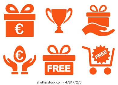 Gift vector icons. Pictogram style is orange flat icons with rounded angles on a white background.