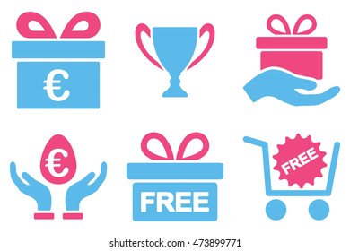 Gift vector icons. Pictogram style is bicolor pink and blue flat icons with rounded angles on a white background.