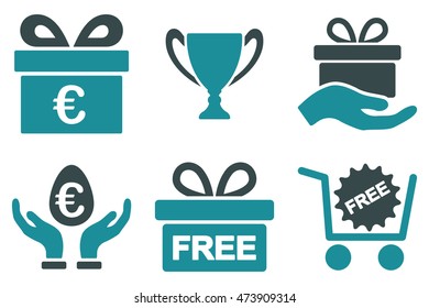 Gift vector icons. Pictogram style is bicolor soft blue flat icons with rounded angles on a white background.