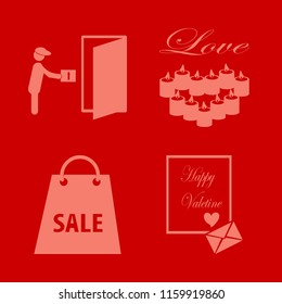 gift vector icons set. with candles heart, shopping bag, courier gives parcel and heart envelope in set