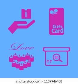 gift vector icons set. with candles heart, hand parcel, square barcode box and gift card in set