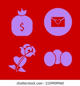 gift vector icons set. with money bag, eggs, rose heart and heart envelope in set