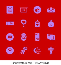 gift vector icons set. with necklace, heart envelope, parcel box and money bag in set