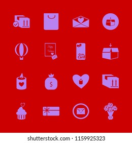 gift vector icons set. with open box, heart envelope, cupcake heart and balloon in set