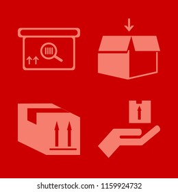 gift vector icons set. with parcel box, open box, square barcode box and hand parcel in set