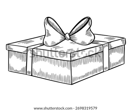 Gift vector illustration of wrapped box with ribbon and bow. Linear drawing of Present for festive Birthday greeting cards or vintage Christmas invitations. Outline etching for New Year design.