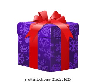 Caja violeta de regalo. Hermoso embalaje con arco rojo para el presente. Paquete de lujo con copos de nieve, invierno y vacaciones tradicionales, Año Nuevo y Navidad. Ilustración vectorial isométrica de dibujos animados