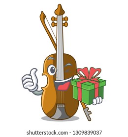 With gift violin in the cartoon music room