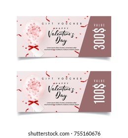 Gift Vocher for Happy Valentine's Day. Design of Coupon Usable for Invitation and Ticket. Greeting Card. Background with Realistic Transparent Pink Air Balloon with Confetti. Vector Illustration.