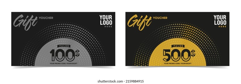 Gift voucher with 100 and 500 dollar value. Discount coupon, certificate layout, present card or monetary reward ticket with elegant style vector illustration isolated on white background