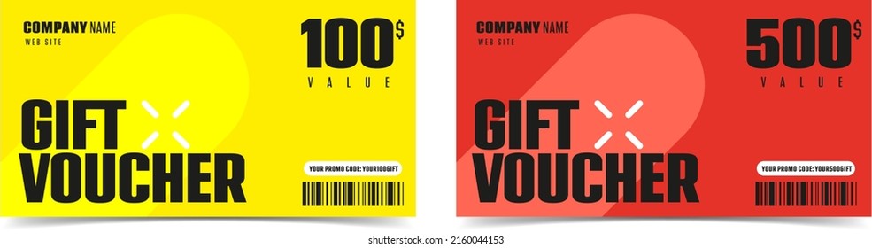 Gift voucher with 100 and 500 dollar discount. Gift coupon with special offer and monetary reward vector illustration isolated on white background