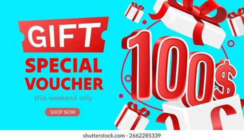 Vale de regalo 100 dólares, cheque y caja de regalo. Venta Anuncio y cartel. Ilustración vectorial