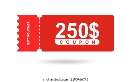 Gift voucher 250$. Coupon 250$ sale for website, internet ads, social media. Discount gift voucher, beautiful design. Big sale and super sale vector illustration