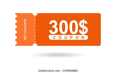 Gift voucher 300$. Coupon 300$ sale for website, internet ads, social media. Discount gift voucher, beautiful design. Big sale and super sale vector illustration