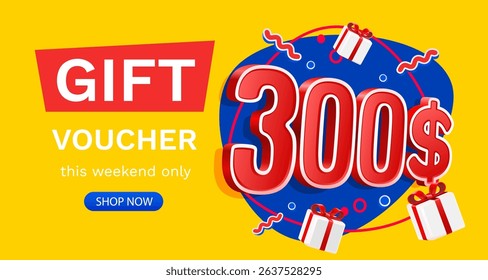 Gift voucher 300 dollar, Check and gift box. Sale banner and poster. Vector illustration