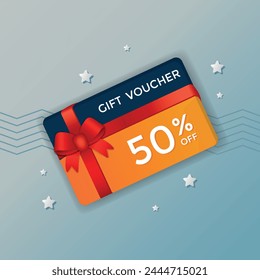 Geschenkgutschein 50 % Rabatt isoliert. 3D-Rabatt-Coupon für Unternehmen und Einkäufe. Spezielle Preis-Angebote Konzept. Vektorillustration.