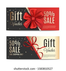 Gift voucher for 50% sale - isolated template set in black and gold with realistic red ribbon bow. Beautiful coupon banner collection - vector illustration