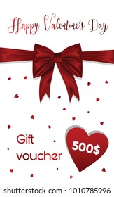 Gift voucher 500 dollars. Happy Valentine's Day. Ribbon bow on hearts background. Vector template.