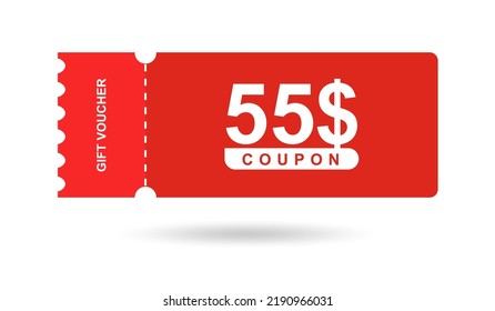 Gift voucher 55$. Coupon 55$ sale for website, internet ads, social media. Discount gift voucher, beautiful design. Big sale and super sale vector illustration