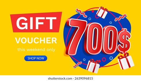 Gift voucher 700 dollar, Check and gift box. Sale banner and poster. Vector illustration