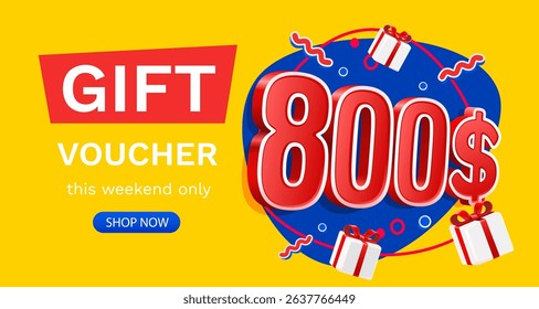 Gift voucher 800 dollar, Check and gift box. Sale banner and poster. Vector illustration