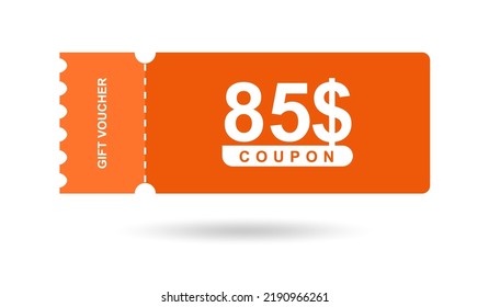 Gift voucher 85$. Coupon 85$ sale for website, internet ads, social media. Discount gift voucher, beautiful design. Big sale and super sale vector illustration