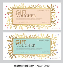 Gift Voucher With Abstract Gold Decor. Festive Gift Coupon Of Pastel Colors. Vector Layout For Gift Card, Coupon And Certificate For A Spa, Beauty Salon, Shops, Cosmetics And Restaurants