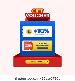 Gift voucher with additional discount 10 percent, free shipping voucher and shop now button promotion banner. Vector design for product promotion, ecommerce, shopping, online sale, special offer 