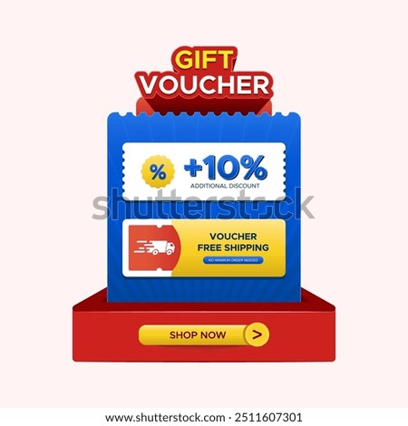 Gift voucher with additional discount 10 percent, free shipping voucher and shop now button promotion banner. Vector design for product promotion, ecommerce, shopping, online sale, special offer 