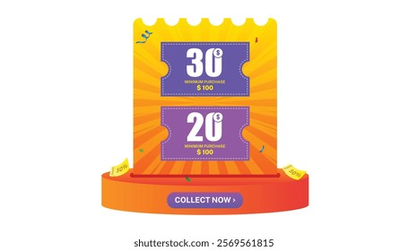 Gift voucher with an additional discount voucher, and Collect Now button promotion banner. Vector design for product promotion, e-commerce, shopping, online sales, and special offers with a 3D podium.