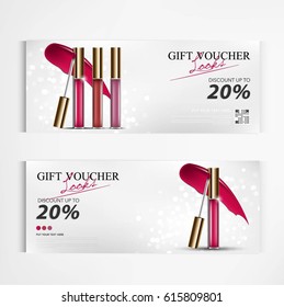 Gift voucher attractive lipstick and rose, sticky and glossy liquid texture with transparent glass container in vector design illustration.