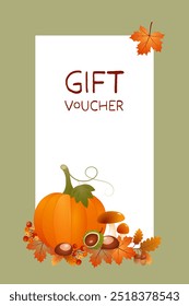 Gift Voucher. Autumn card with a pumpkin, leaves and berries on a green frame.