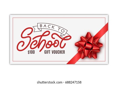 Gift voucher with Back to school lettering and red bow. Template for a business card, banner, poster, notebook, invitation. Vector illustration for your design