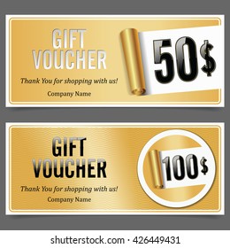 Gift Voucher. Badge with Gift Value. Gold. Scroll Paper.