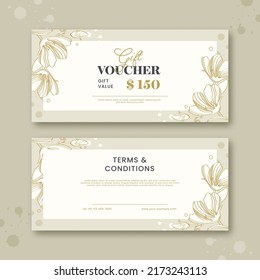 Gift Voucher Banner Design With Linear Flowers In Front And Back Side.