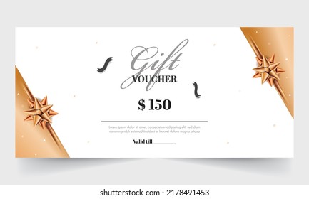 Gift Voucher Banner Or Header Design With Realistic Flower Ribbon On White And Copper Background.