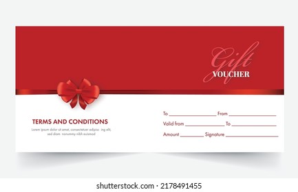 Gift Voucher Banner Or Header Design Closed With Bow Ribbon On Red And White Background.