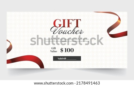 Gift Voucher Banner Or Header Layout With Realistic Wavy Ribbon On White Mandala Pattern Background.