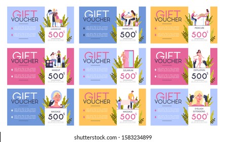 Gift voucher for beauty center concept. Beauty salon voucher for diffrent procedure. Massage, nail design, make up, waxing, solarium, fillers. Set of isolated vector illustration