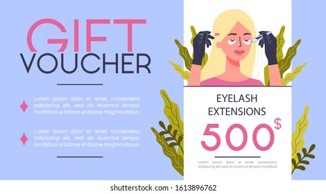 Gift voucher for beauty center concept. Beauty salon voucher for diffrent procedure. Voucher for puting fake eyelashes. Isolated vector illustration