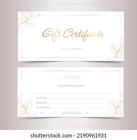 Billete de regalo para salón de belleza, tienda, spa con hojas de árbol dibujadas a mano. Certificado de regalo elegante en blanco y dorado. Editable.