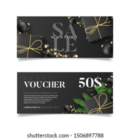 Gift voucher for Black Friday sale. Vector illustration with realistic gift boxes, light garlands, Christmas balls and confetti. Design of discount coupon usable for invitations or tickets.