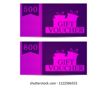 Gift voucher with gift boxes in the amount of 500 and 800. Purple. Vector illustration