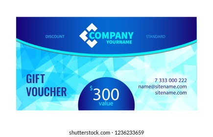 Gift voucher – bright design with light blue background of chaotically moving triangles. Modern dynamic background for your company. Vector illustration.