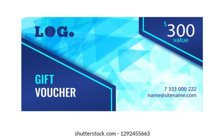 Gift voucher – bright design with light blue background of chaotically moving triangles. Modern dynamic background for your company. Vector illustration.